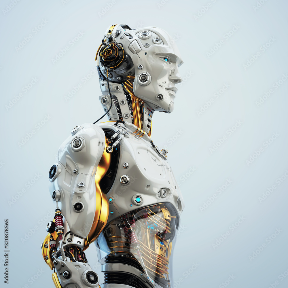Futuristic handsome man with headphones in profile. 3d rendering of stylish robot listening to music Futuristic handsome man with headphones in profile. 3d rendering of stylish robot listening to music