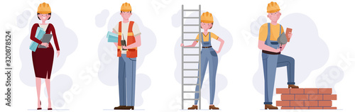 Construction workers set. Builders, engineer, architect flat vector illustration. Site, building works, occupation concept for banner, website design or landing web page