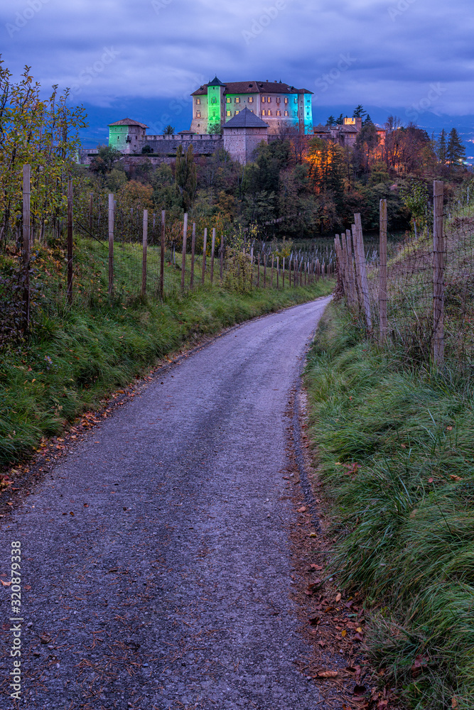 Naklejka premium Picturesque evening view of Thun Castle, Val di Non, Province of Trento, Trentino Alto Adige, Italy.