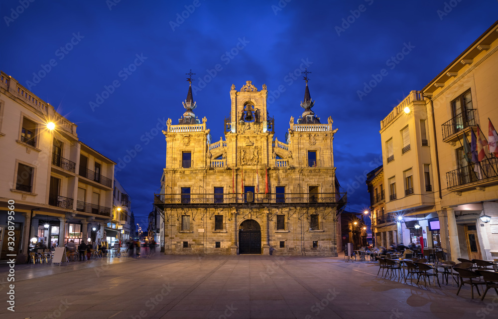 Astorga, Spain. Building of Town Hall located on Plaza Espana square at dusk