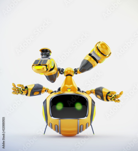 Orange robotic creature with antennas standing on head, 3d illustration