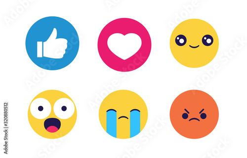 Funny flat style emoji emoticon reactions color icon set. Yellow cartoon emoticons, comment social media Facebook chat comment reactions, icon template face tear, smile, sad, love, like, Lol