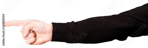 Man's hand in a black sleeve with forefinger pointing forward photo