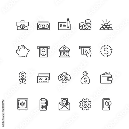 Set of money and finance icons in line style.