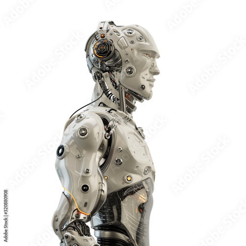 Futuristic handsome man with headphones in profile. 3d rendering of stylish robot listening to music