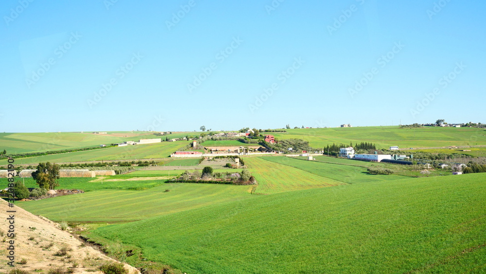 Bright landscape of Morocco, breathtaking curves of mountains, stunning combination of hills & farm land,inadvertent distribution of houses & huts, raw impression of pure nature. Bright landscape of Morocco, breathtaking curves of mountains, stunning combination of hills & farm land,inadvertent distribution of houses & huts, raw impression of pure nature.