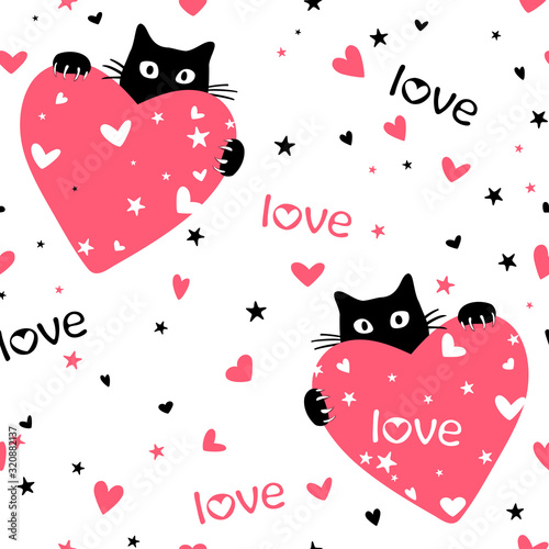 Seamless pattern with cute black cats and hearts