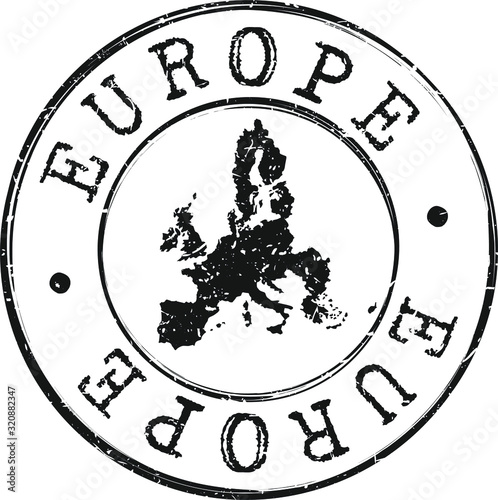 Europe Map Silhouette Postal Passport Stamp Round Vector Icon. 
