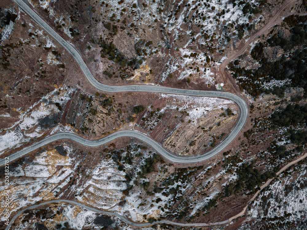 High angle view of mountain road with snow