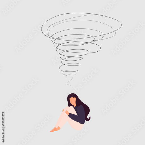 A very cute sad woman is sitting with her knees pressed down. Overhead a whirlwind of emotions and feelings. Experience. Flat cartoon style. Vector. Fatigue from the negative. Depression. Isolated