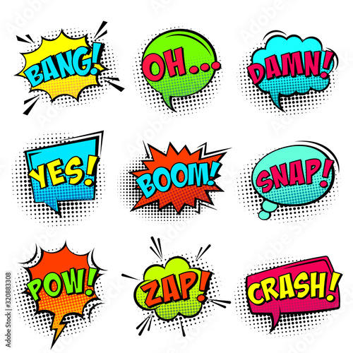 Comic colored speech bubbles with halftone shadow and text phrase. Sound expression of emotion. Hand drawn retro cartoon stickers. Pop art style. Vector illustration.