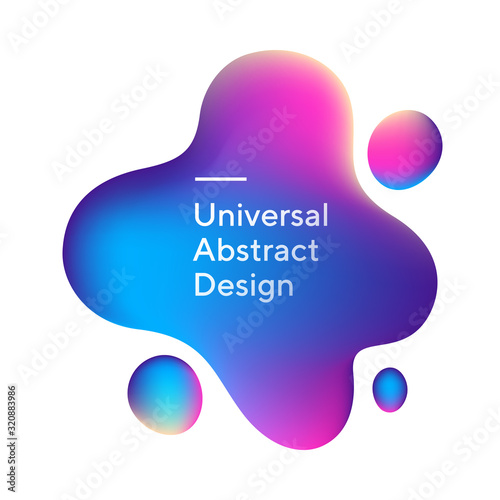 Bright flowy irregular blots. Universal dynamical shapes, irregular lines. Blue, pink, and beige background with white text. Design for poster, ad flyer or presentation. Vector illustration.