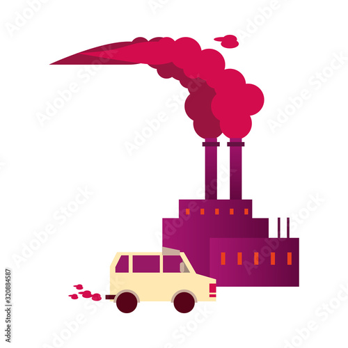 factory with polluting chimneys and car
