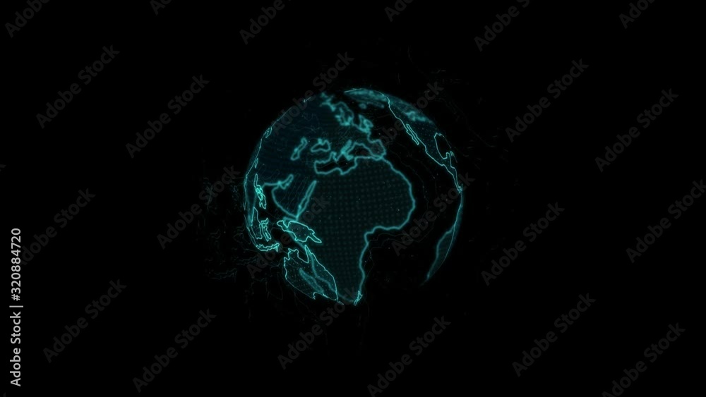Graphic motion of illuminated globe rotating on black background, useful for world news intro TV broadcasting