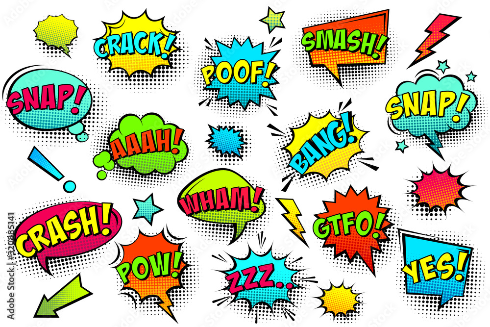 Comic colored speech bubbles with halftone shadow and text phrase. Sound expression of emotion. Hand drawn retro cartoon stickers. Pop art style. Vector illustration. Comic colored speech bubbles with halftone shadow and text phrase. Sound expression of emotion. Hand drawn retro cartoon stickers. Pop art style. Vector illustration.