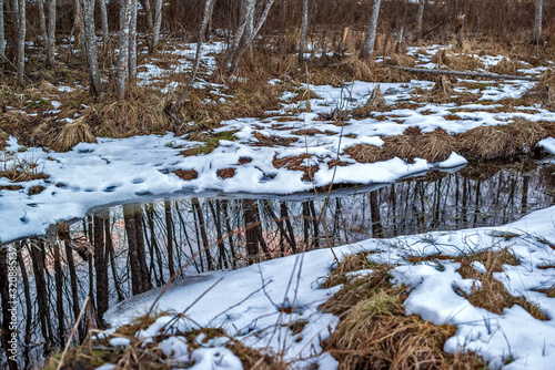 Remnants of snow along the creek with reflections of the sky and clouds