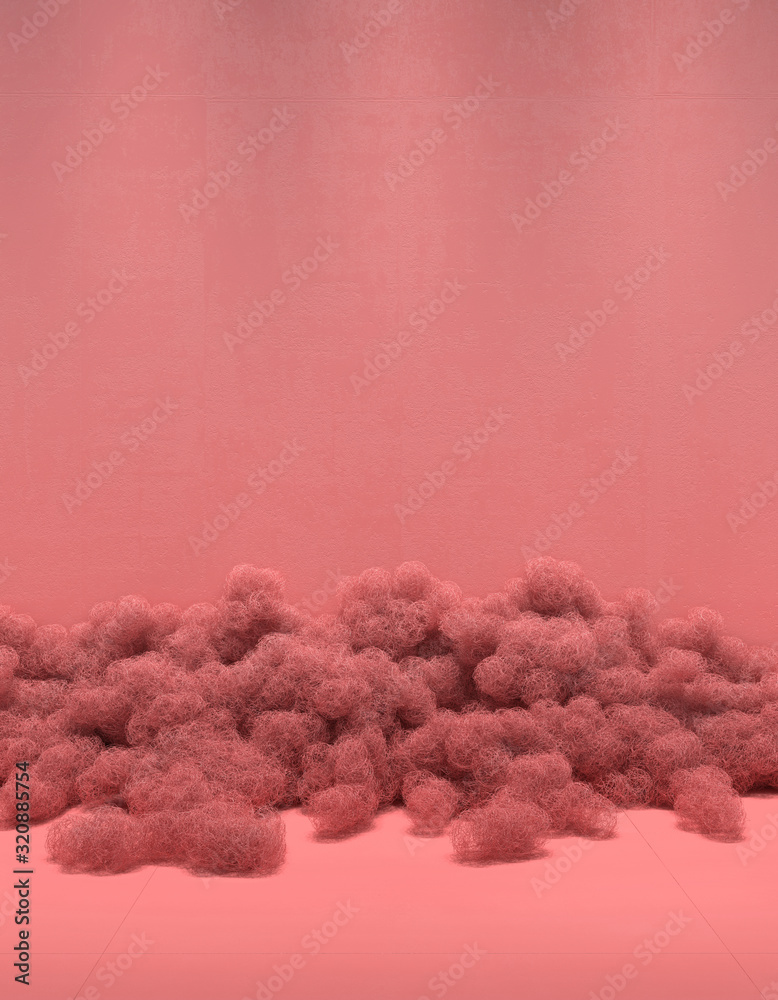 Fototapeta premium Creative composition in monochrome pink color from a pile of skeins of wire on a background of an empty wall. Installation of contemporary art in a minimalist design with copy space. 3D rendering.