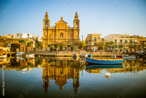 Msida Parish Church, sunrise reflection, Malta
