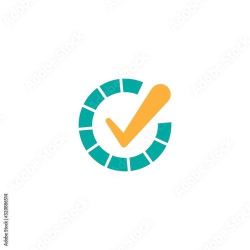 Done check mark. Valid seal icon. orange tick in blue circle. Flat OK sticker icon. photo