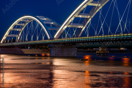 New arch bridge in Novi Sad, Serbia. Night photo
