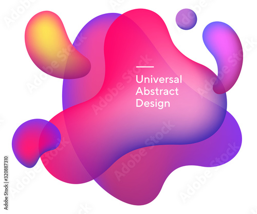 Liquid bright abstract drops. Universal curvy figures, flowy lines, wavy shapes. Purple, orange and pink transparent colors with text. Layout for promo flyer, website or poster Vector illustration.