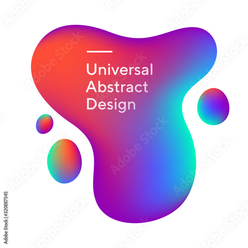 Colorful flowy gradient blots. Universal irregular elements, curvy lines. Orange, green, and purple background with text and circles. Layout for ad banner, slide or promo flyer. Vector illustration.