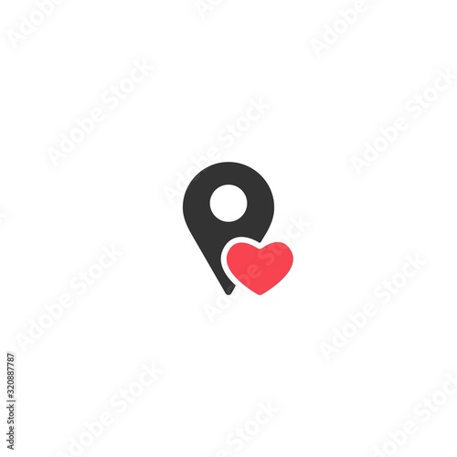 red location icon with red heart. GPS pointer. Favorite place. Map pin.