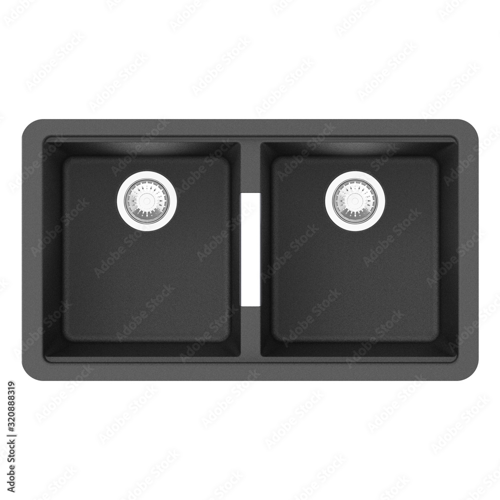 Black Ceramic Kitchen Sink Top View Isolated on White. Double Bowl