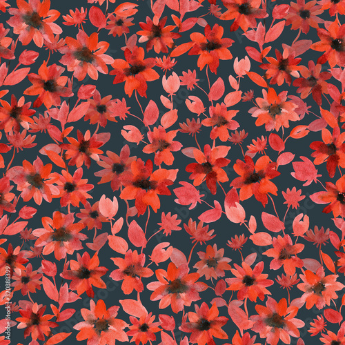Watercolor abstract flowers pattern. Seamless pattern with watercolor red flowers on blue background. Abstract floral pattern. Botanical endless background. Summer watercolor pattern.
