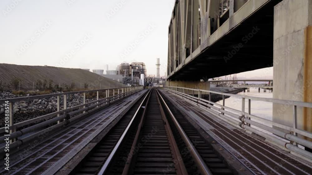 POV train crosses a railway bridge. Camera slowly moves forward POV train crosses a railway bridge. Camera slowly moves forward