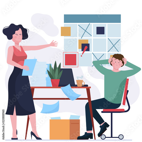 Angry manager blaming scared colleague. Two employees arguing at note board flat vector illustration. Conflict, planning failure concept for banner, website design or landing web page