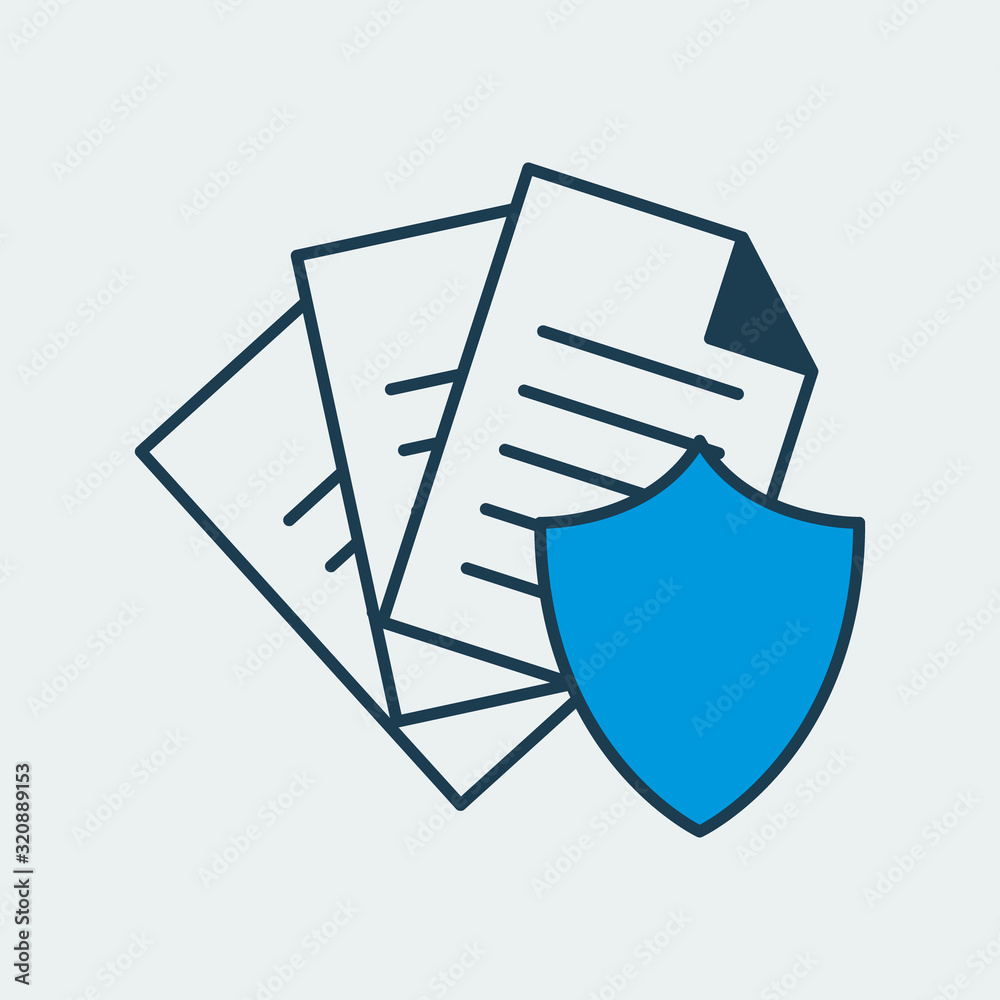 Vector icon of a paper documents and a shield. It represents protection of documents and importance of notary Vector icon of a paper documents and a shield. It represents protection of documents and importance of notary