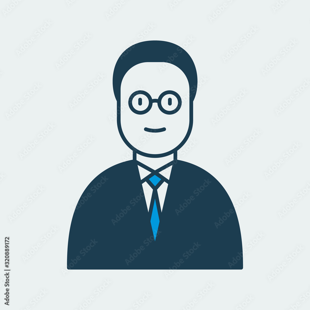 Vector icon of a man in a glasses wearing a suit with a tie. It represents government employees and professional worker
