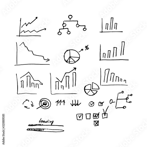 Business infographics. Doodles. Vector. Charts of rise and fall in different versions. Charts. Flowcharts. Checkmarks, notes on the implementation. Loading lines.