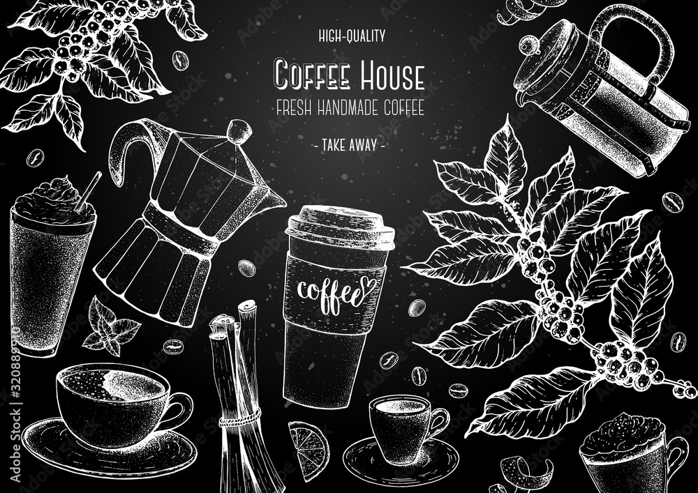 Coffee cups, beans and coffee tree illustration. Vintage design for coffee shop. Engraved vector illustration.