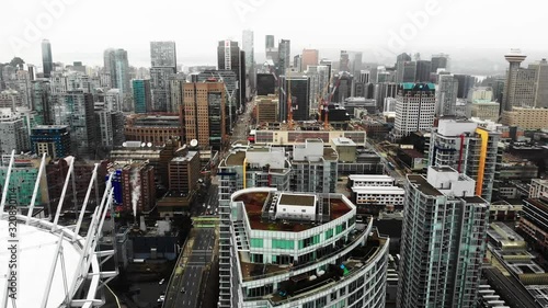 Drone footage of Vancouver, Canada in the rain. Rogers Arena is seen in the shot photo