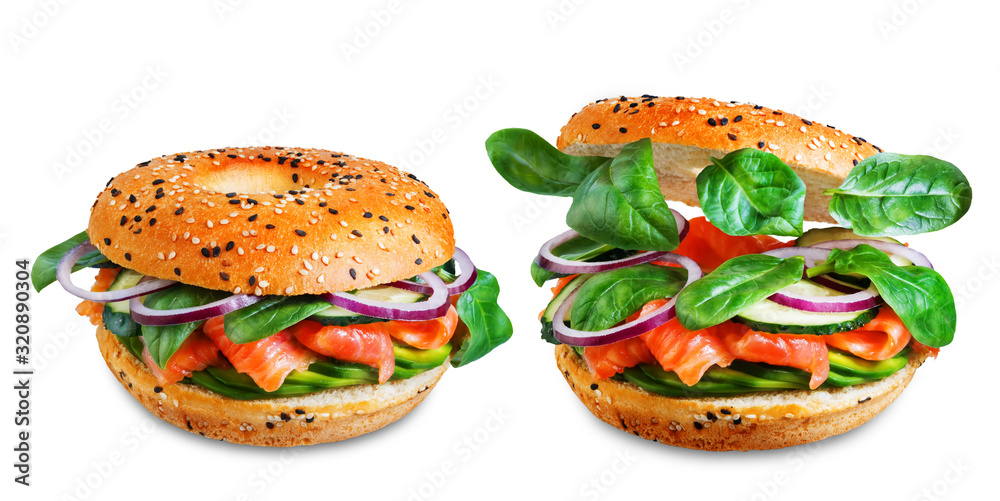 Smoked salmon spinach avocado cucumber bagel on a white isolated background Smoked salmon spinach avocado cucumber bagel on a white isolated background