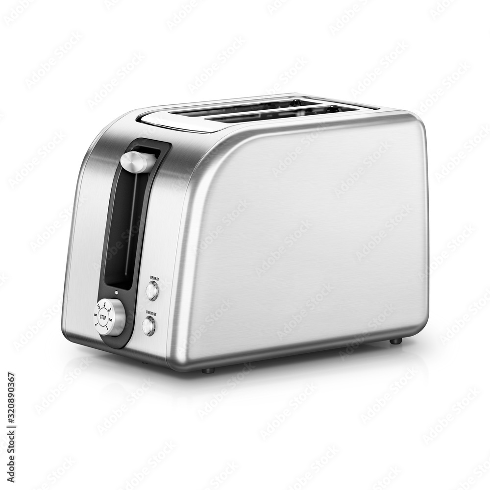 Toaster Isolated on White. Classically Styled Two-Slot 2 Slice Toast Maker.  Side View Stainless Steel Two Slice Pop Up Automatic Toaster Oven. Domestic  and Home Electric Kitchen Appliances foto de Stock