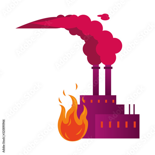 factory with polluting chimneys with fire flame