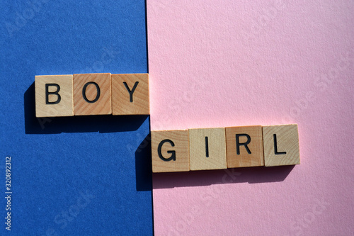 Photos Boy, Girl, Words on blue and pink, creative concept of gender stereotypes