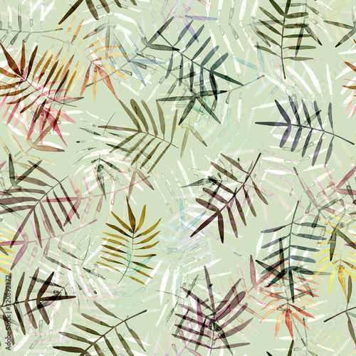 Fototapeta Naklejka Na Ścianę i Meble -  Seamless palm pattern with tropical leaves. For  greeting card, poster, textile, wallpaper, print, branding.