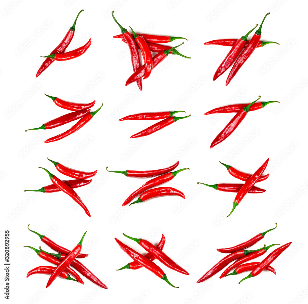 Fresh red hot chilli pepper set collection isolated on a white background.