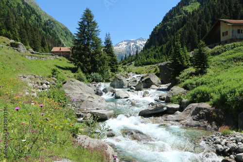 Beautiful Swiss nature pictured during the nice summer day. The sky is blue  nature green and the landscape is great. 
