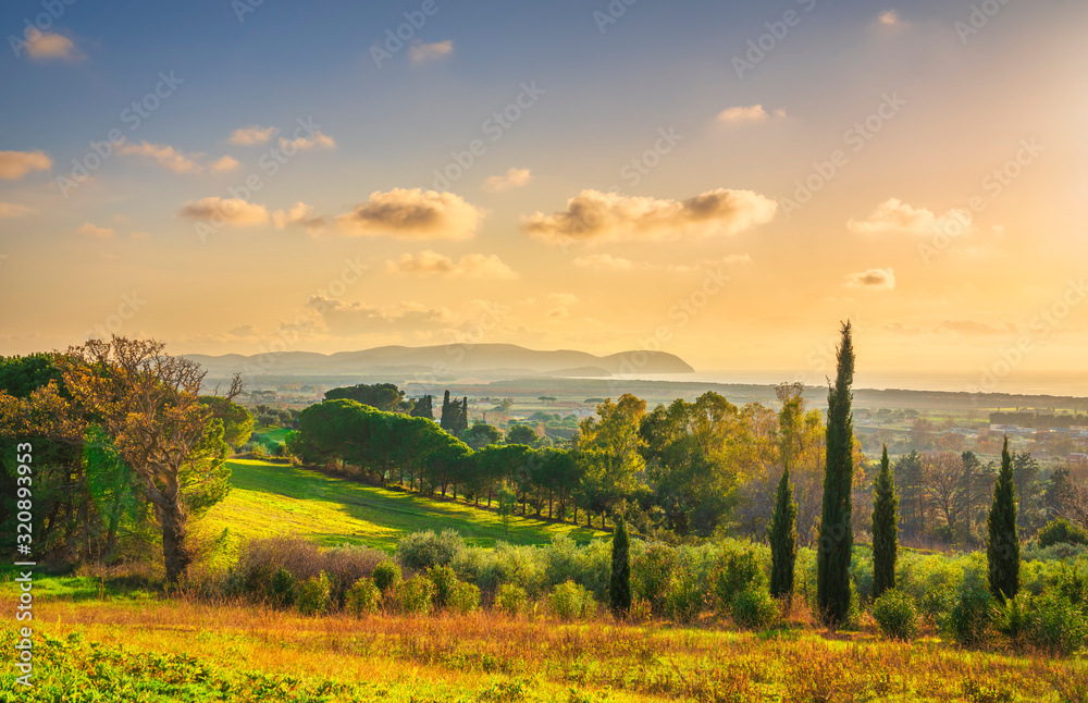 Naklejka premium Maremma sunset panorama. Countryside, sea and Elba on horizon. San Vincenzo, Tuscany, Italy.