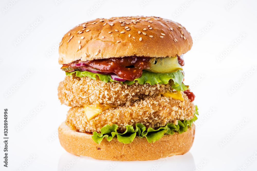 hamburger with two chicken patties for a restaurant menu on a light background hamburger with two chicken patties for a restaurant menu on a light background
