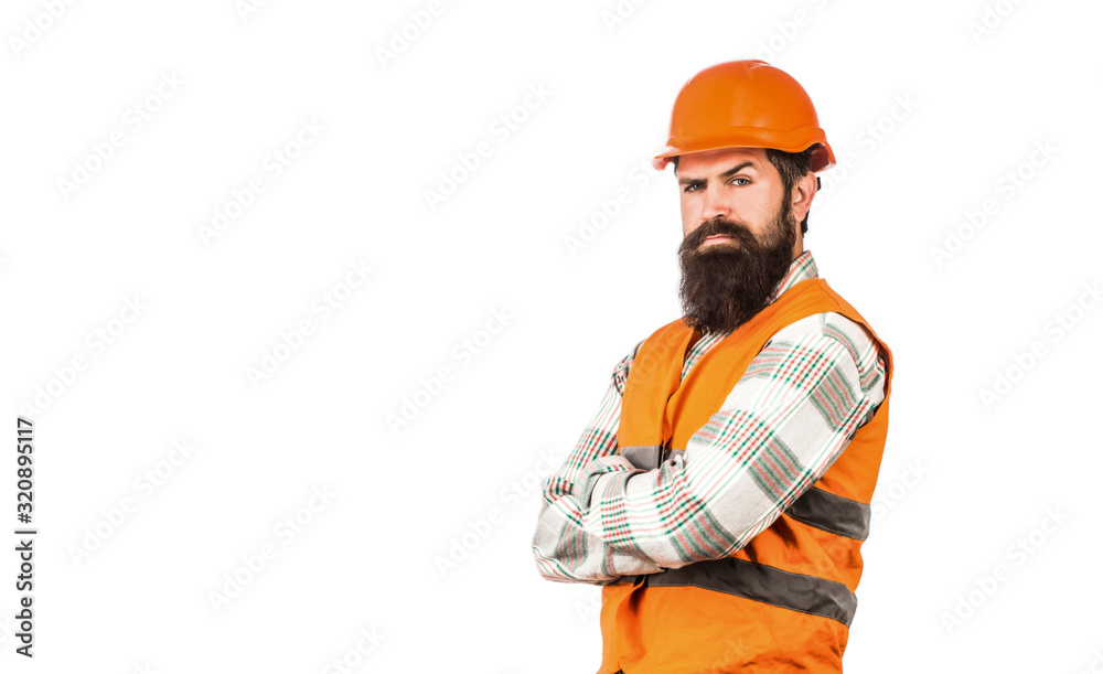 Worker in construction uniform. Architect builder. Bearded man worker with beard in building helmet or hard hat. Builder in hard hat, foreman or repairman in the helmet. Copy space Worker in construction uniform. Architect builder. Bearded man worker with beard in building helmet or hard hat. Builder in hard hat, foreman or repairman in the helmet. Copy space