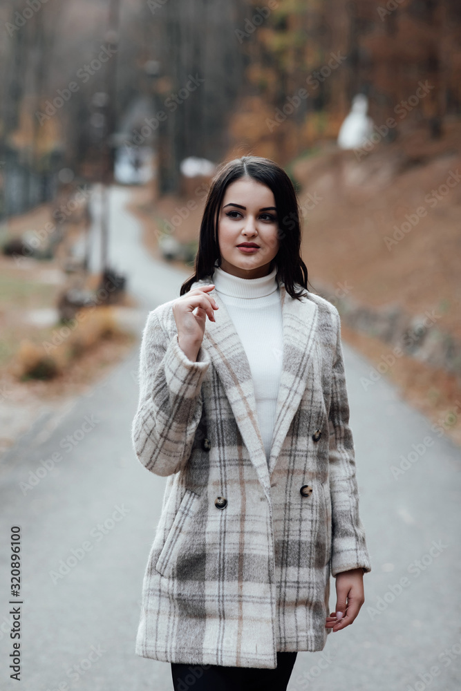 Portrait of a young brunette girl in the background of a autumn park. Fashion autumn portrait of young happy woman walking outdoor in fall park Portrait of a young brunette girl in the background of a autumn park. Fashion autumn portrait of young happy woman walking outdoor in fall park