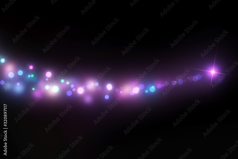 Flight of blue and violet bokeh particles. Magical shimmering light. Isolated on black background. Flight of blue and violet bokeh particles. Magical shimmering light. Isolated on black background.