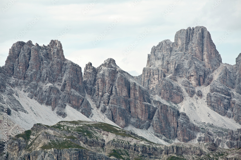Hiking Dolomites mountains of Passo Giau. Peaks in South Tyrol in the Alps of Europe. Alpine adventure