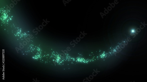 Flight of green bokeh particles. Magical shimmering light. Fireworks trail isolated on black background.